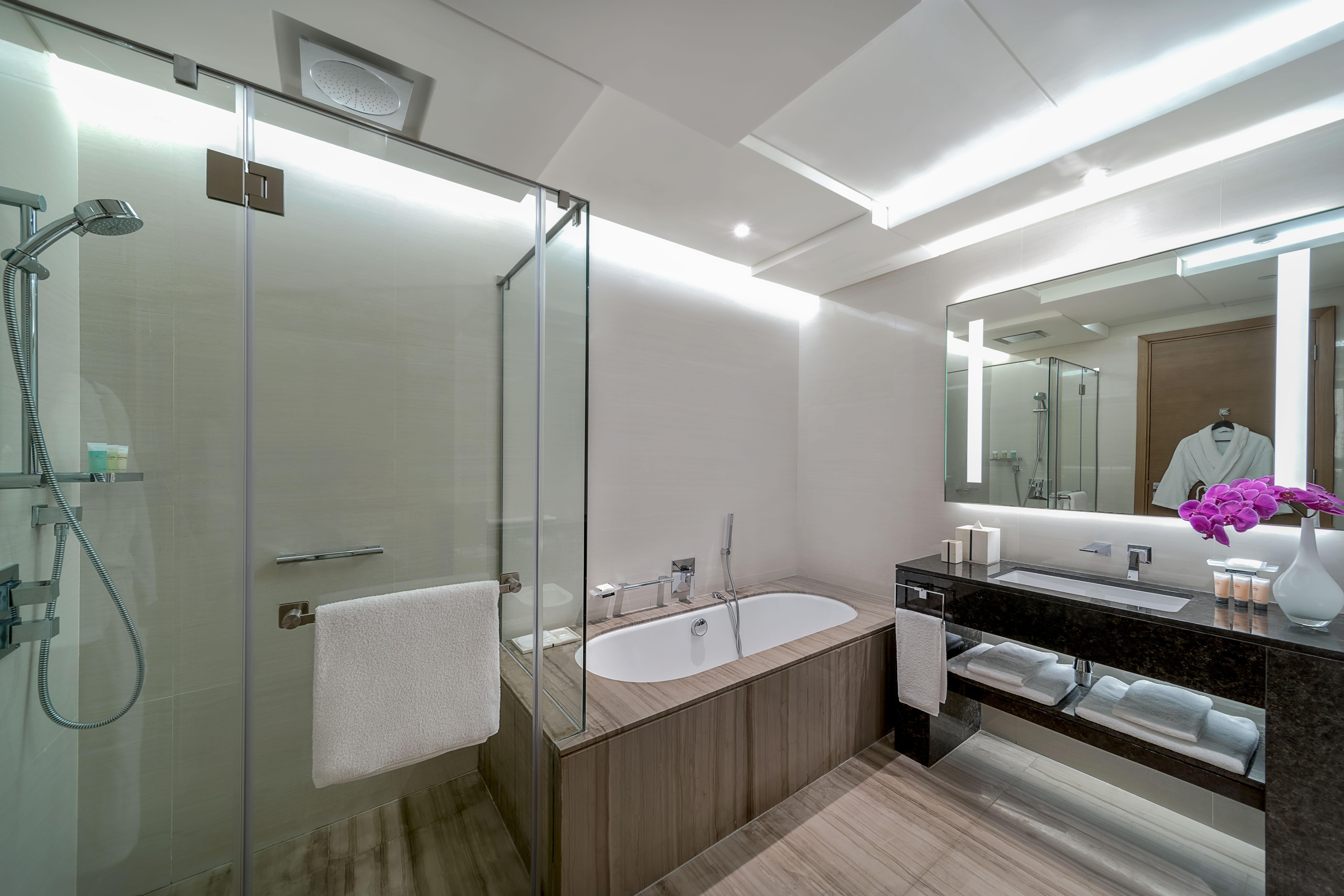 Hyatt Regency Dubai Creek Heights Hotel Exterior photo The photo shows a modern and elegant bathroom. It features a clear glass shower enclosure and a freestanding bathtub. The walls are a clean, light color, and there are soft lighting fixtures in the ceiling. A large mirror is positioned above a sleek 
