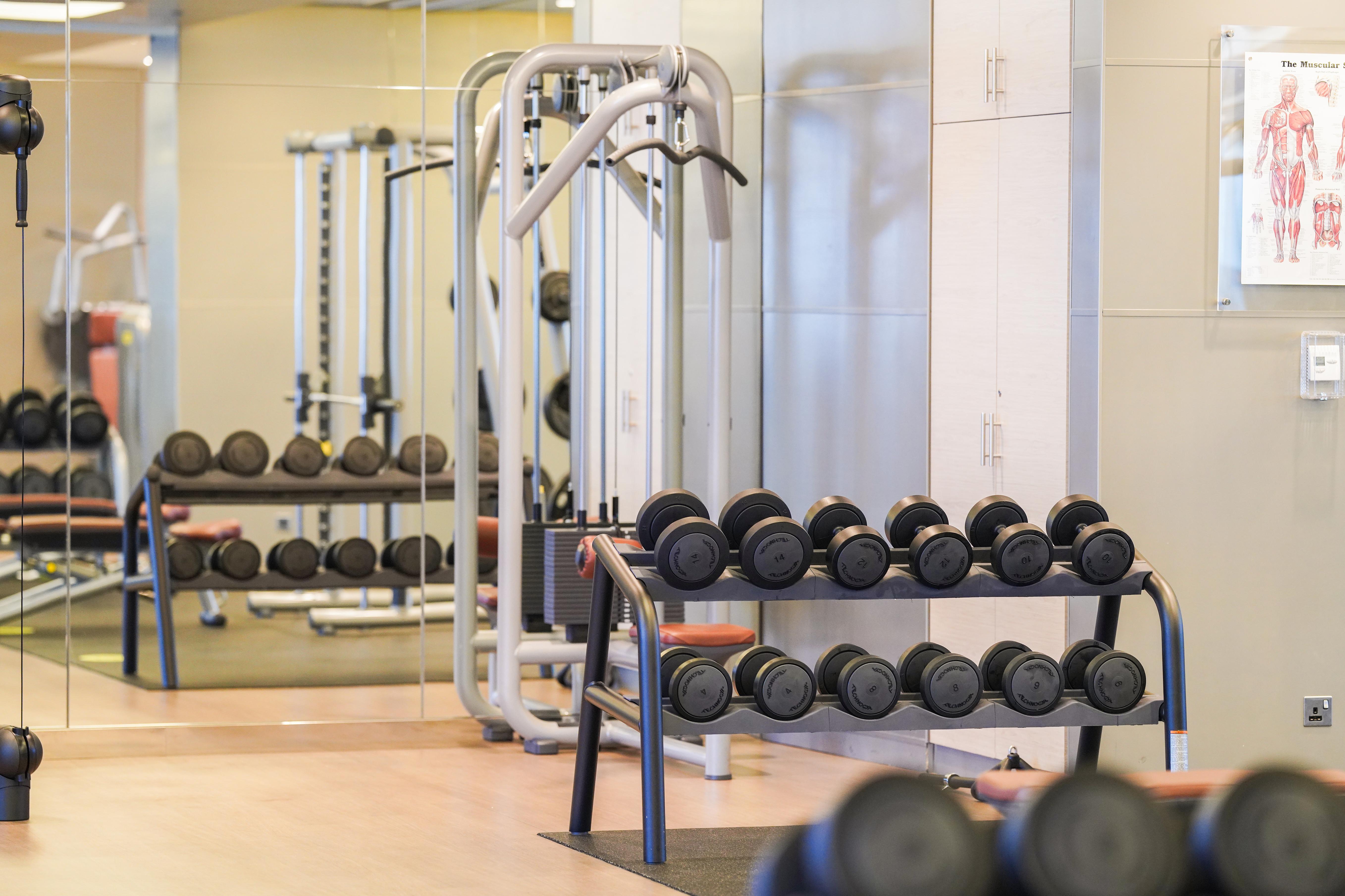 Hyatt Regency Dubai Creek Heights Hotel Exterior photo The photo shows a portion of a gym facility. In the foreground, there is a rack with a set of dumbbells lined up neatly. In the background, you can see a piece of exercise equipment, likely a multi-gym or cable machine, and a mirrored wall that enhan